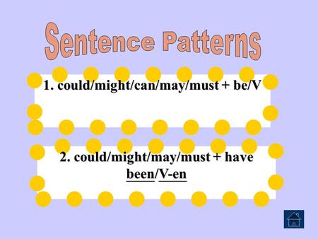 1. could/might/can/may/must + be/V 1. could/might/can/may/must + be/V 2. could/might/may/must + have been/V-en 2. could/might/may/must + have been/V-en.