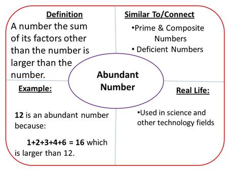 Abundant Number Example: DefinitionSimilar To/Connect Real Life: Used in science and other technology fields Prime & Composite Numbers Deficient Numbers.