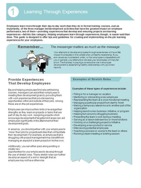 Employees learn more through their day-to-day work than they do in formal training courses. Just as importantly, of the three manager-led development activities.