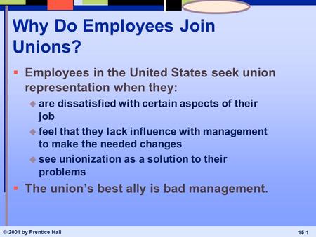 © 2001 by Prentice Hall 15-1 Why Do Employees Join Unions?  Employees in the United States seek union representation when they: u are dissatisfied with.