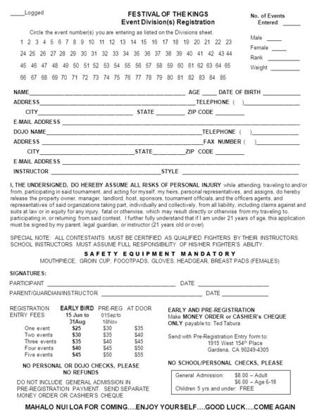 FESTIVAL OF THE KINGS Event Division(s) Registration _____Logged Circle the event number(s) you are entering as listed on the Divisions sheet. No. of Events.