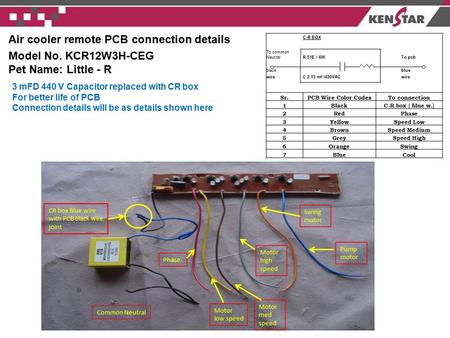 Air cooler remote PCB connection details Model No. KCR12W3H-CEG