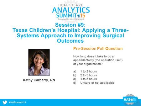 #HASummit14 Session #9: Texas Children’s Hospital: Applying a Three- Systems Approach to Improving Surgical Outcomes Kathy Carberry, RN Pre-Session Poll.