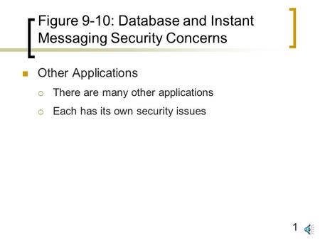 1 Figure 9-10: Database and Instant Messaging Security Concerns Other Applications  There are many other applications  Each has its own security issues.