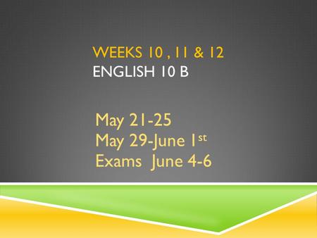 WEEKS 10, 11 & 12 ENGLISH 10 B May 21-25 May 29-June 1 st Exams June 4-6.