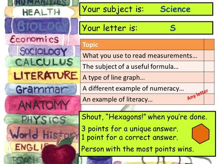 Topic What you use to read measurements… The subject of a useful formula… A type of line graph… A different example of numeracy… An example of literacy…