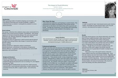 The Impact of Youth Ministry Rachel S. Carson University of Cincinnati, CECH Middle Childhood Education Background Literature Previous.