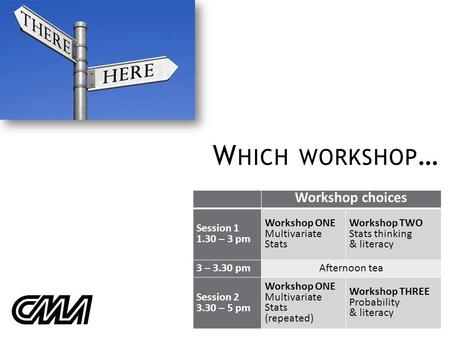 W HICH WORKSHOP … Workshop choices Session 1 1.30 – 3 pm Workshop ONE Multivariate Stats Workshop TWO Stats thinking & literacy 3 – 3.30 pmAfternoon tea.