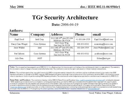 Doc.: IEEE 802.11-06/0566r1 Submission May 2006 Sood, Walker, Cam-Winget, CalhounSlide 1 TGr Security Architecture Notice: This document has been prepared.