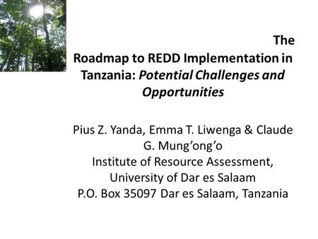 The Roadmap to REDD Implementation in Tanzania: Potential Challenges and Opportunities Pius Z. Yanda, Emma T. Liwenga & Claude G. Mung’ong’o Institute.