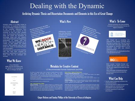 Dealing with the Dynamic Ginger Dickens and Sunday Phillips of the University of Texas at Arlington Archiving Dynamic Thesis and Dissertation Documents.