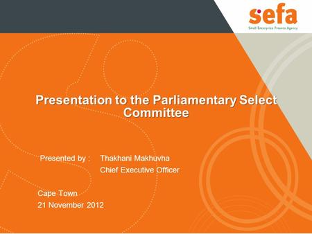 Presentation to the Parliamentary Select Committee Presented by : Thakhani Makhuvha Chief Executive Officer Cape Town 21 November 2012.