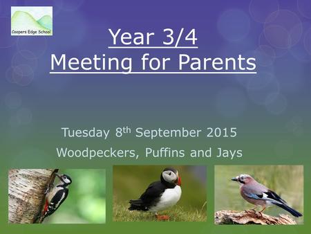 Year 3/4 Meeting for Parents Tuesday 8 th September 2015 Woodpeckers, Puffins and Jays.