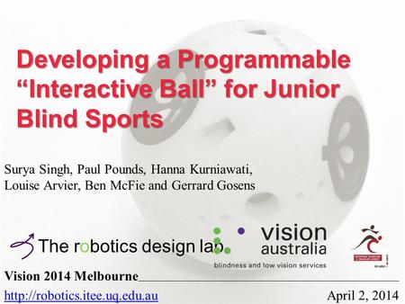 Developing a Programmable “Interactive Ball” for Junior Blind Sports Surya Singh, Paul Pounds, Hanna Kurniawati, Louise Arvier, Ben McFie and Gerrard Gosens.