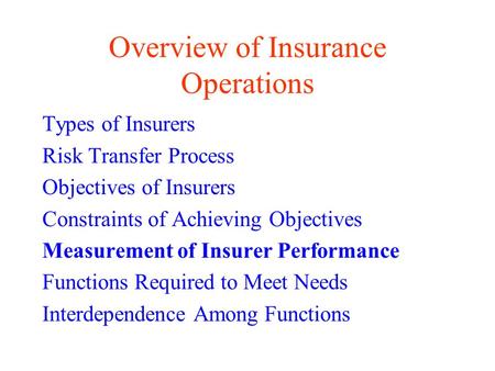 Overview of Insurance Operations Types of Insurers Risk Transfer Process Objectives of Insurers Constraints of Achieving Objectives Measurement of Insurer.