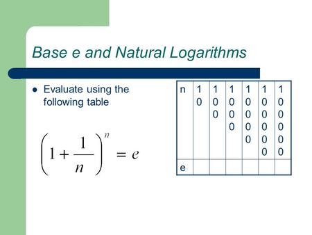 Base e and Natural Logarithms