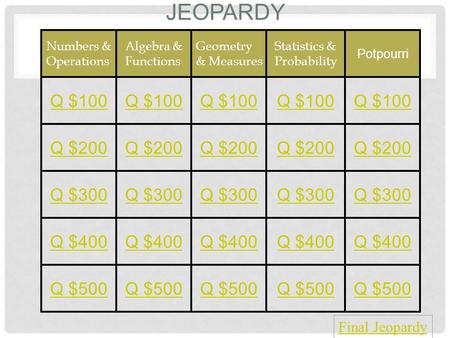 JEOPARDY Numbers & Operations Algebra & Functions Geometry & Measures Statistics & Probability Potpourri Q $100 Q $200 Q $300 Q $400 Q $500 Final Jeopardy.