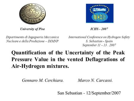 Quantification of the Uncertainty of the Peak Pressure Value in the vented Deflagrations of Air-Hydrogen mixtures. San Sebastian - 12/September/2007 Marco.