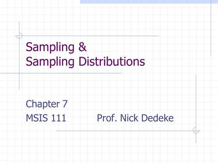 Sampling & Sampling Distributions Chapter 7 MSIS 111 Prof. Nick Dedeke.