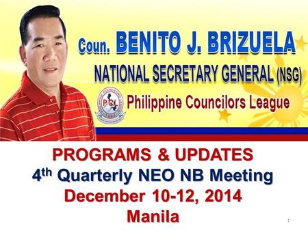 PROGRAMS & UPDATES 4 th Quarterly NEO NB Meeting December 10-12, 2014 Manila 1.