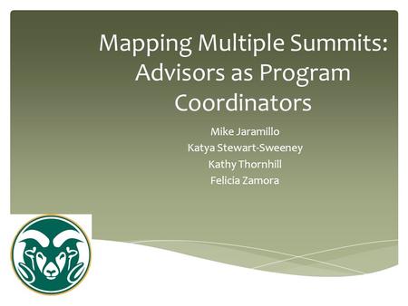 Mapping Multiple Summits: Advisors as Program Coordinators Mike Jaramillo Katya Stewart-Sweeney Kathy Thornhill Felicia Zamora.