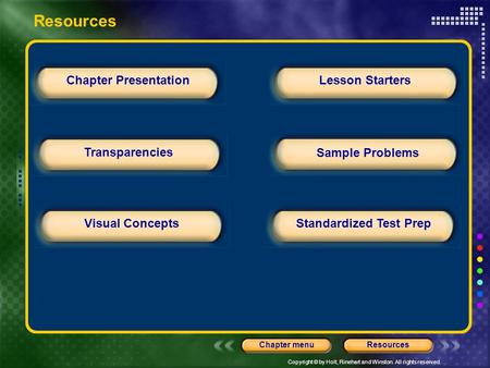 Copyright © by Holt, Rinehart and Winston. All rights reserved. ResourcesChapter menu Chapter Presentation Transparencies Lesson Starters Standardized.