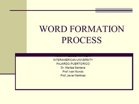 WORD FORMATION PROCESS HUMANITIES DEPARTMENT INTERAMERICAN UNIVERSITY FAJARDO, PUERTO RICO Dr. Maritza Santana Prof. Ivan Mundo Prof. Javier Martinez.