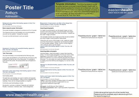 Www.easternhealth.org.au Poster Title Authors Addresses Background and problem (Sub-heading appears in Arial, 10 pt size, Left aligned) Body text appears.