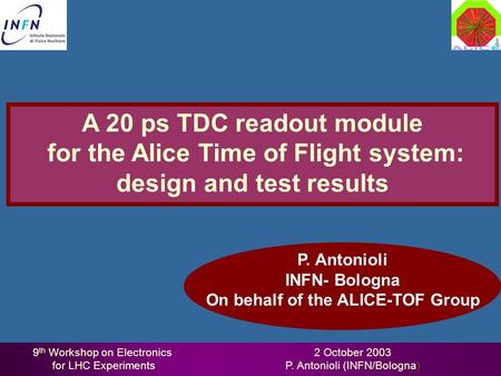 9 th Workshop on Electronics for LHC Experiments 2 October 2003 P. Antonioli (INFN/Bologna) A 20 ps TDC readout module for the Alice Time of Flight system: