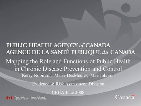 1 Mapping the Role and Functions of Public Health in Chronic Disease Prevention and Control Kerry Robinson, Marie DesMeules, Mae Johnson Evidence & Risk.