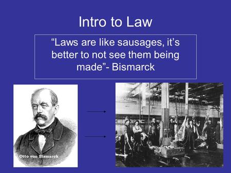 Intro to Law “Laws are like sausages, it’s better to not see them being made”- Bismarck.