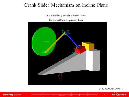 1 MSC ADAMS 2005 r2 Crank Slider Mechanism on Incline Plane GUI Familiarity Level Required: Lower Estimated Time Required: 1 hour.