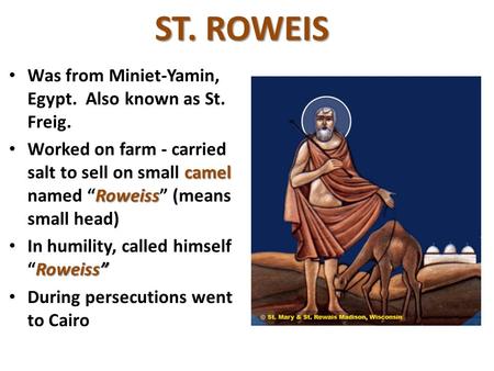 ST. ROWEIS Was from Miniet-Yamin, Egypt. Also known as St. Freig. Worked on farm - carried salt to sell on small camel named Roweiss “Roweiss” (means small.