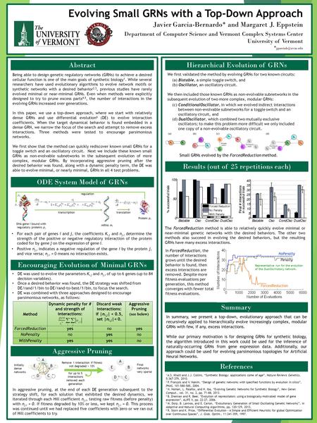 Abstract ODE System Model of GRNs Summary Evolving Small GRNs with a Top-Down Approach Javier Garcia-Bernardo* and Margaret J. Eppstein Department of Computer.