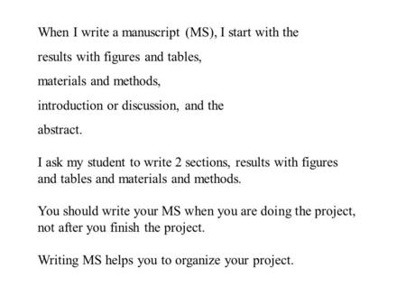 When I write a manuscript (MS), I start with the results with figures and tables, materials and methods, introduction or discussion, and the abstract.