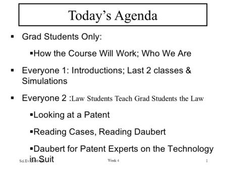 Sci.Ev. 2006-rjm Week 4 1 Today’s Agenda  Grad Students Only:  How the Course Will Work; Who We Are  Everyone 1: Introductions; Last 2 classes & Simulations.