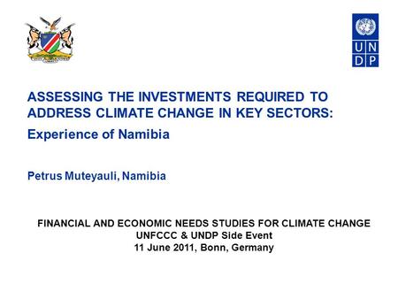 ASSESSING THE INVESTMENTS REQUIRED TO ADDRESS CLIMATE CHANGE IN KEY SECTORS: Experience of Namibia Petrus Muteyauli, Namibia FINANCIAL AND ECONOMIC NEEDS.