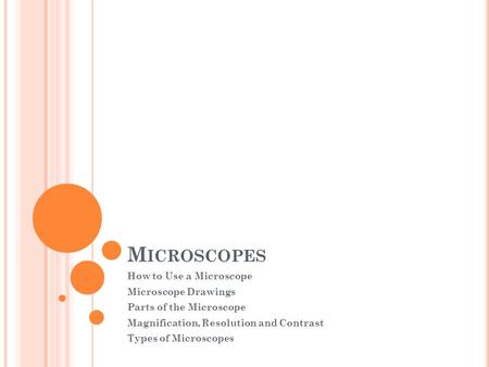 M ICROSCOPES How to Use a Microscope Microscope Drawings Parts of the Microscope Magnification, Resolution and Contrast Types of Microscopes.