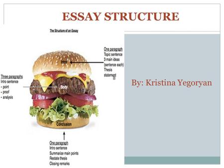 By: Kristina Yegoryan ESSAY STRUCTURE. WHAT IS AN ESSAY? The word “essay” means “to try.” An essay is a piece of writing which is often written from an.