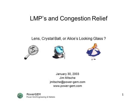 PowerGEM Power Grid Engineering & Markets 1 LMP’s and Congestion Relief Lens, Crystal Ball, or Alice’s Looking Glass ? January 30, 2003 Jim Mitsche