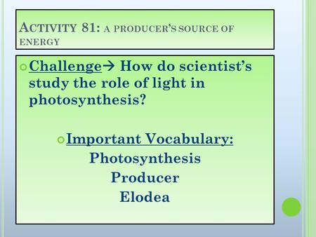 A CTIVITY 81: A PRODUCER ’ S SOURCE OF ENERGY Challenge  How do scientist’s study the role of light in photosynthesis? Important Vocabulary: Photosynthesis.