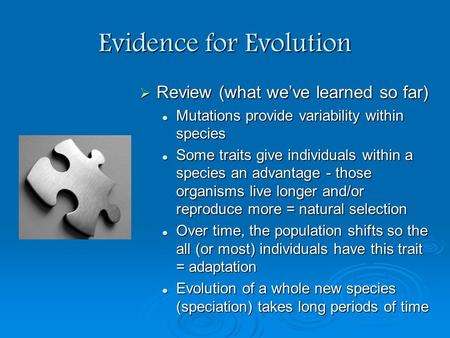 Evidence for Evolution  Review (what we’ve learned so far) Mutations provide variability within species Some traits give individuals within a species.