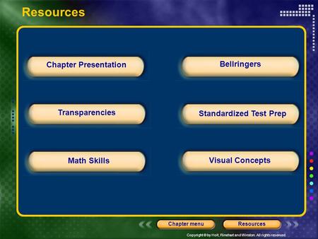 Copyright © by Holt, Rinehart and Winston. All rights reserved. ResourcesChapter menu Chapter Presentation Bellringers Transparencies Standardized Test.