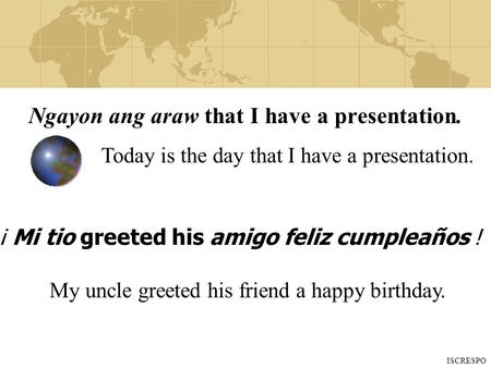 Ngayon ang araw that I have a presentation. ¡ Mi tio greeted his amigo feliz cumpleaños ! Today is the day that I have a presentation. My uncle greeted.