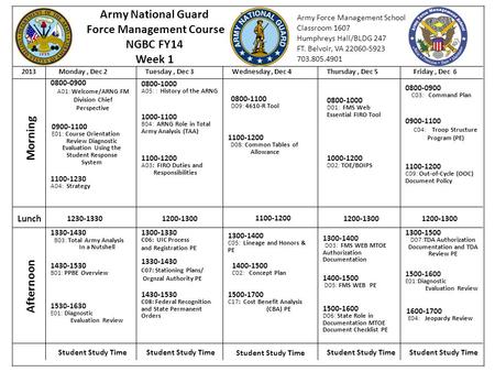 Ellis 2013Monday, Dec 2Tuesday, Dec 3Wednesday, Dec 4Thursday, Dec 5Friday, Dec 6 Army National Guard Force Management Course NGBC FY14 Week 1 Army Force.