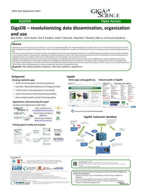 SiZhe Xiao GigaScience 2013 POSTER Open Access GigaDB – revolutionizing data dissemination, organization and use Xiao Si Zhe 1, Chris Hunter, Tam P. Sneddon,