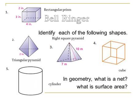 Identify each of the following shapes. In geometry, what is a net? what is surface area? cube Triangular pyramid Right square pyramid Rectangular prism.