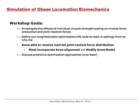 OpenSim Workshop March 2013 Simulation of Obese Locomotion Biomechanics Workshop Goals: -Investigate the effects of individual muscle strength scaling.