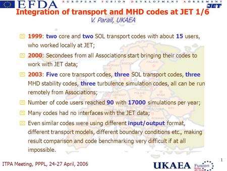 ITPA Meeting, PPPL, 24-27 April, 2006 1 y1999: two core and two SOL transport codes with about 15 users, who worked locally at JET; y2000: Secondees from.