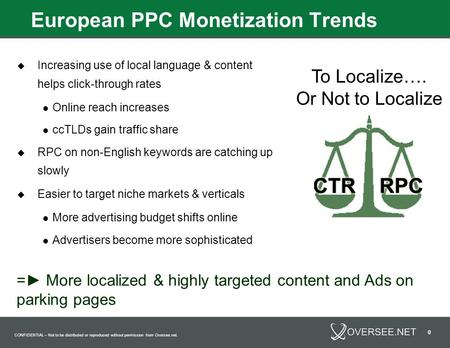 CONFIDENTIAL – Not to be distributed or reproduced without permission from Oversee.net. 0 European PPC Monetization Trends  Increasing use of local language.